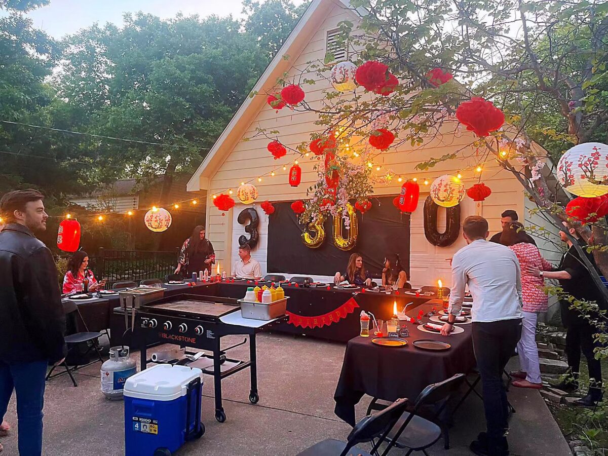 22PCS Hibachi Party Decorations - Japanese Paper Fans & Plum Lanterns Red White Gold Asian Theme